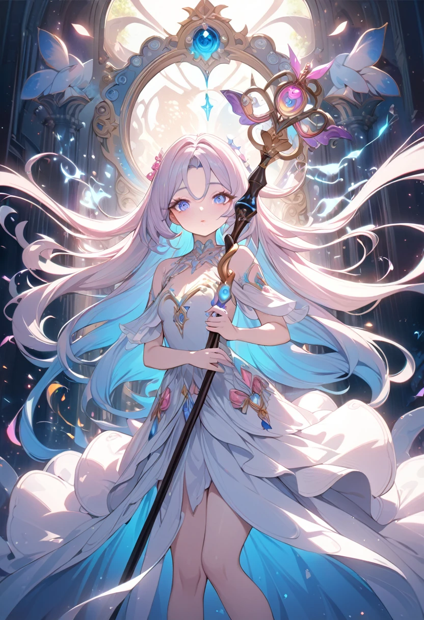 a young magical girl with long flowing hair, beautiful detailed eyes, beautiful detailed lips, extremely detailed face, long eyelashes, magical staff, whimsical expression, flowing dress, magical energy, ethereal, fantasy, digital painting, intricate detail, vibrant colors, cinematic lighting, highly detailed, 8k, masterpiece