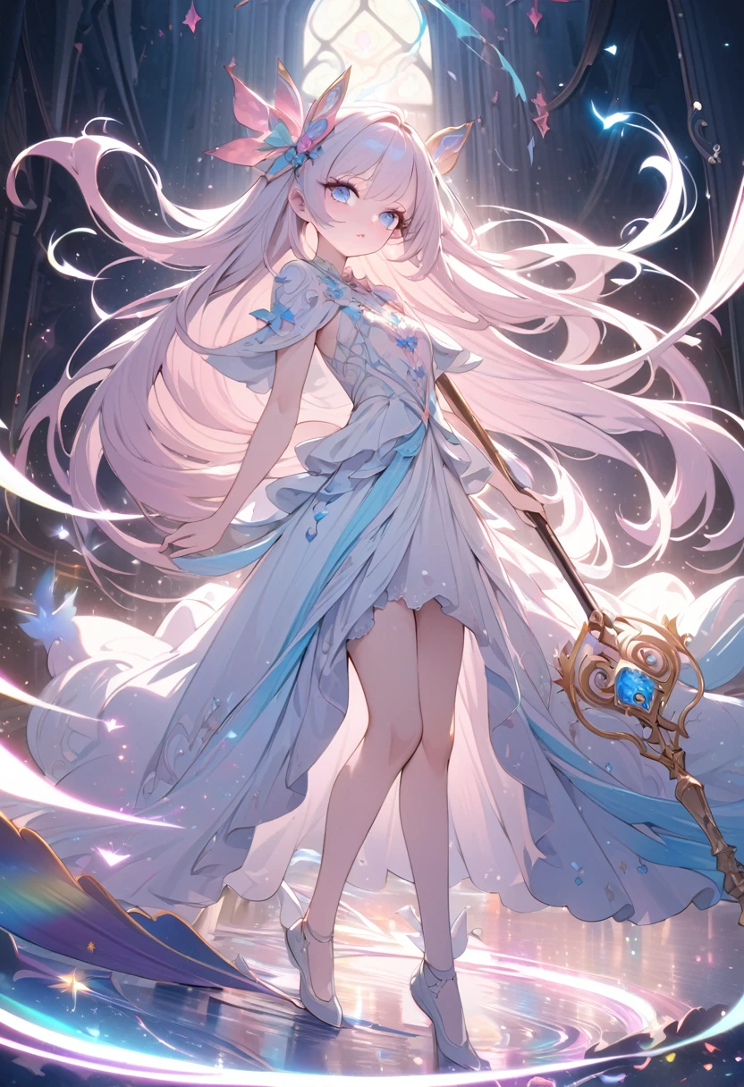 a young magical girl with long flowing hair, beautiful detailed eyes, beautiful detailed lips, extremely detailed face, long eyelashes, magical staff, whimsical expression, flowing dress, magical energy, ethereal, fantasy, digital painting, intricate detail, vibrant colors, cinematic lighting, highly detailed, 8k, masterpiece