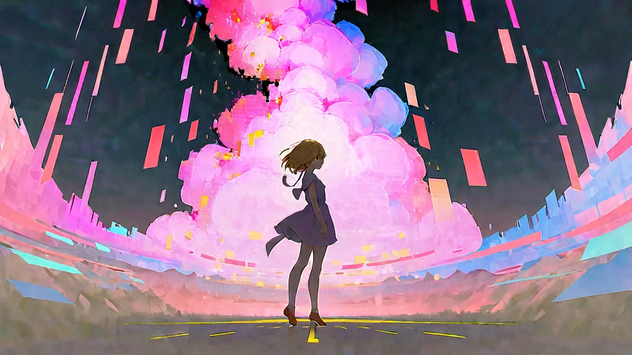 work of art, best qualityer, highy detailed,warm up,medium shot,
por hyatsu,
whole body,(standing alone, 1 girl), [drunkenness],natta,plein-air,Intense light and shadow effects,from sideways, perfil, blush,
1 girl estilo synth wave, extremely detailed CG ,(album cover), (error), ((lump of failure)in the face),(glitch art),  (Pixilation in the face),double exposure, (Chromatic aberration), light  leaks, Noise and grain, Color degradation, Failure lyrics,project,arte abstrata, 

