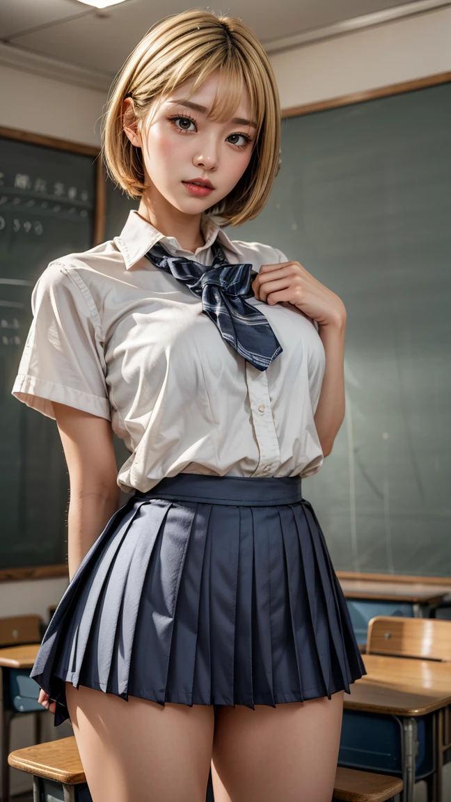 (Realistic:1.4), Highest quality, masterpiece, RAW32K Photo, (Very detailed美しい日本の女の子), (Very fine particles:1.2), (Baby Face),(Cute Face:1.2), Very detailed, Ultra-high resolution, wonderful, break,
(school uniform:1.5), Detailed school girl, (Bright classroom 1.3、Moody light), Beautiful detailed girl, blonde、Cute Face, mini skirt,(thigh)、(She lifted her skirt to reveal her white panties.)、((short hair))、Big Breasts、Big Tits、Gal