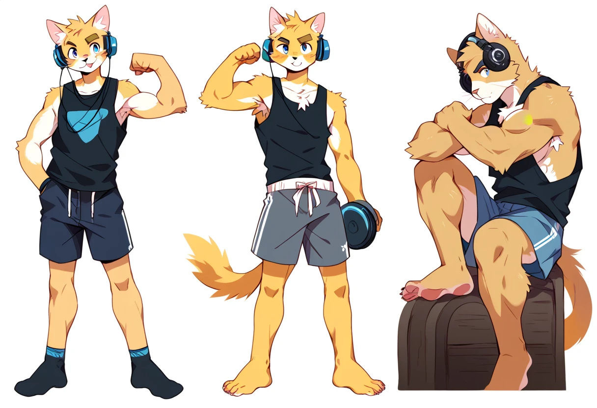 score_9, score_8_up, score_7_up, male, furry, high quality, hires, anthro, teenager, , domestic cat, bright yellow fur, blue eyes, wide brown eyebrows, confidant expression, humanoid feet, slim body, prominent v-line, prominent abs, prominent legs, prominent forearm muscles, prominent knees, white background, treasure trail, armpit hair, furry legs, in 3 various sexy poses, headphones, casual clothes, joggers, black tank top, shorts, flexing