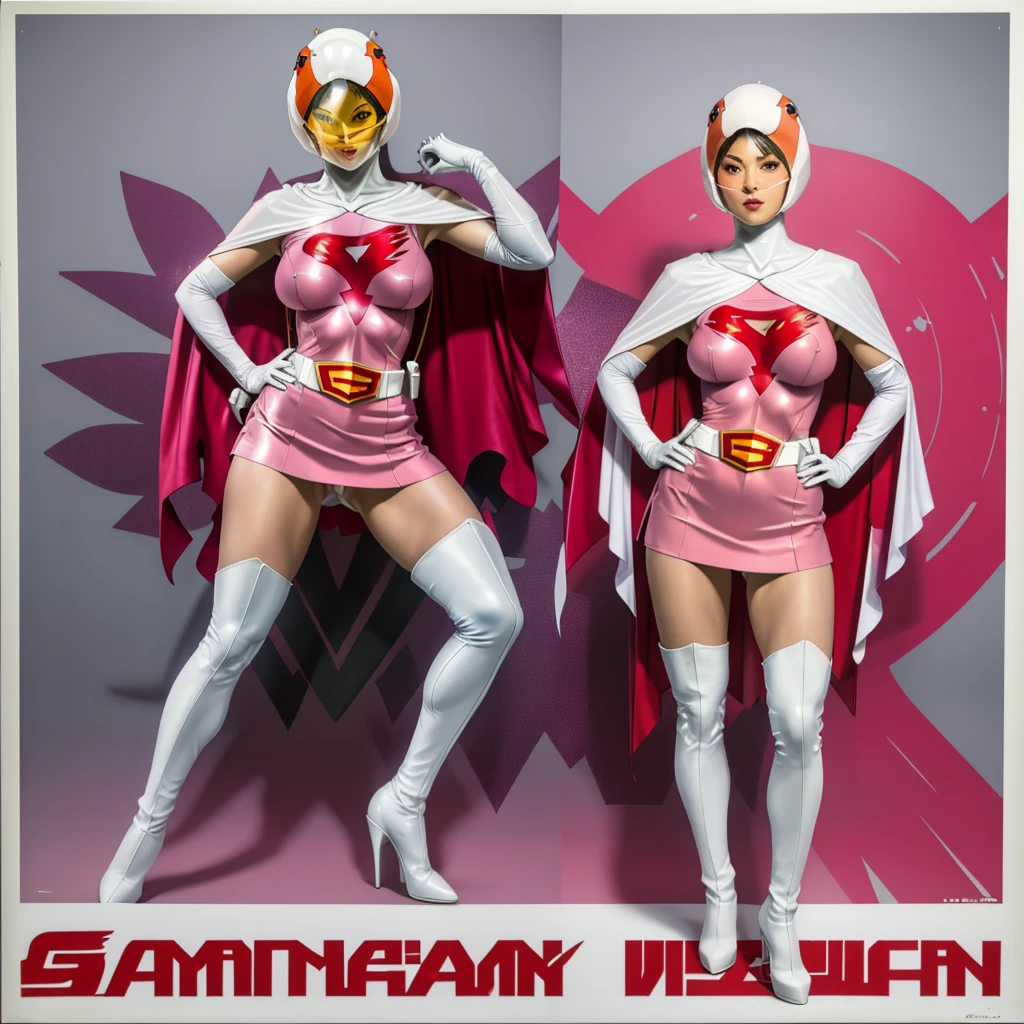ANI_CLASSIC_jun_gatchaman_ownwaifu,1girl, ,good anatomy, masterpiece, best quality,realistic, hyper realistic, 16k hdr, long hair,breasts,lips,large breasts,lipstick,makeup,gloves,cape,helmet,belt,elbow gloves,white gloves,mask,ultra miniskirt,leotard,spacesuit,white tight overknee highheels boots,pink dress,superhero,bodysuit,cleavage,erected nipples,(stand pose,hands on hip),(spread legs:1.1),cameltoe