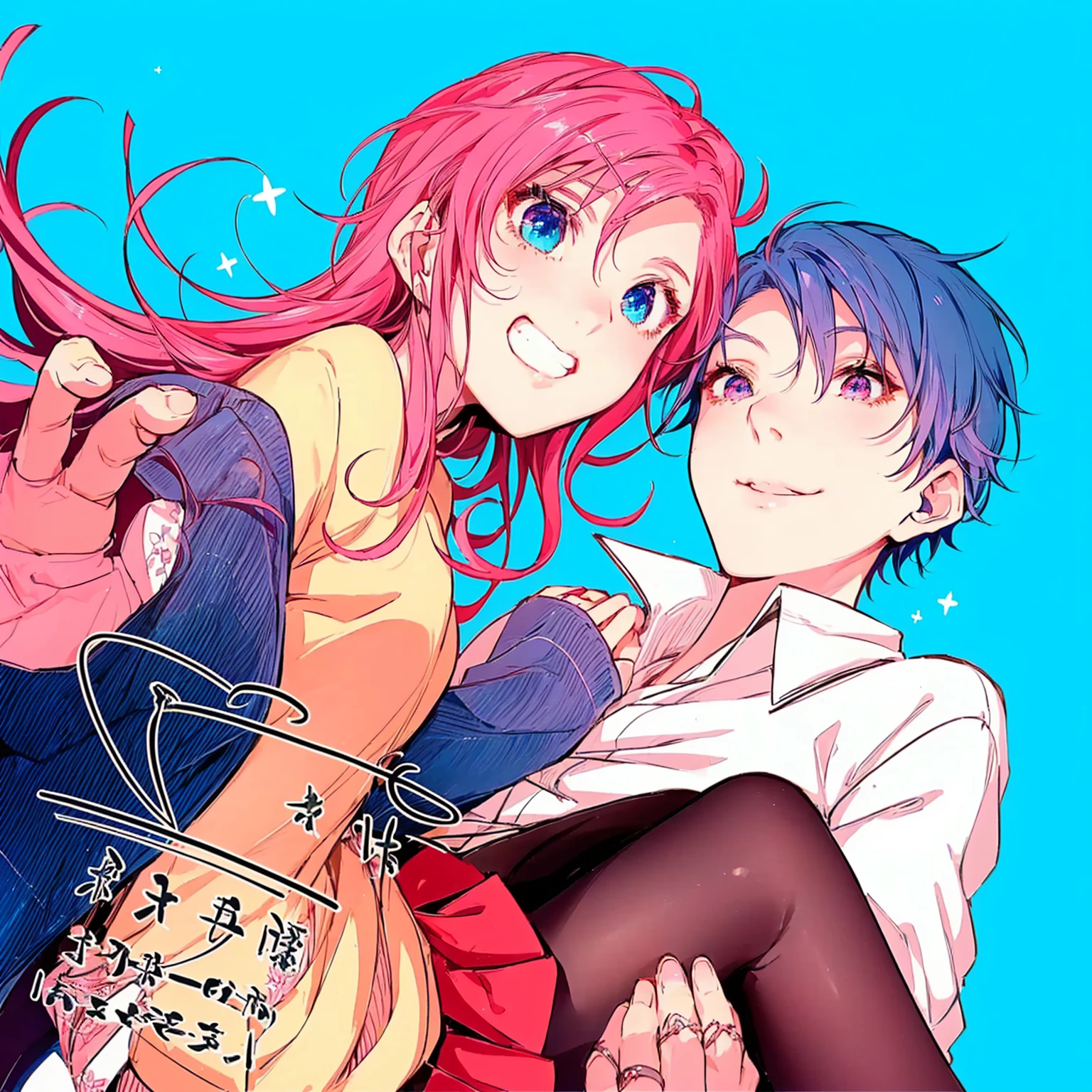 anime couple with pink hair and blue eyes hugging, romance shoujo, shoujo manga, ( ( ( yoshinari yoh ) ) ), shoujo, in ryuuou no oshigoto art style, glad!!!, ddlc, 2d anime style, anime cover, anime visual style, zerochan, romantic!!!, lot of details, girl with flushed cheeks, detailed eyes 8k, perfect skin, sexy girl, sensuous, sorriso sensuous, charmer smile