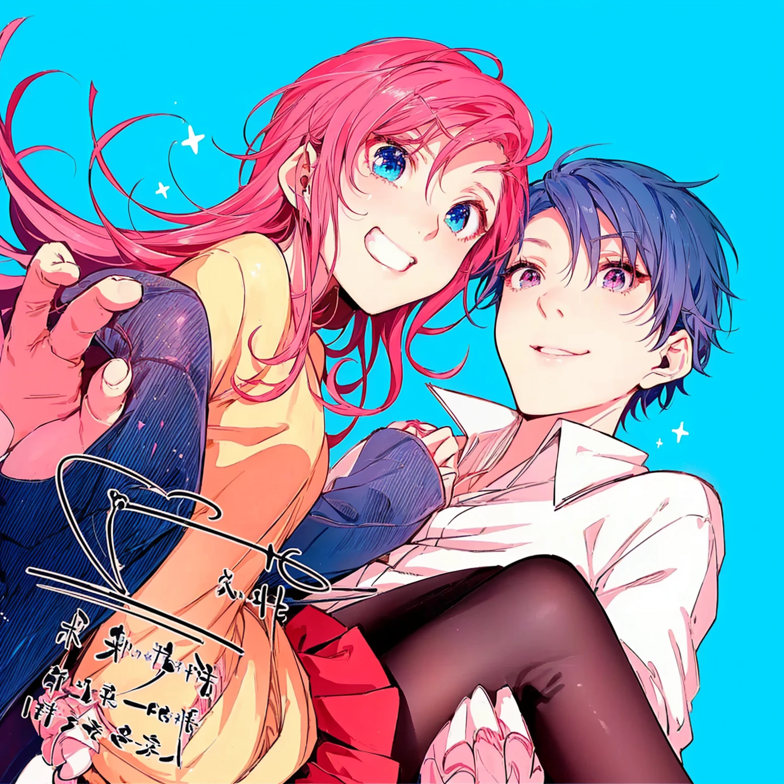 anime couple with pink hair and blue eyes hugging, romance shoujo, shoujo manga, ( ( ( yoshinari yoh ) ) ), shoujo, in ryuuou no oshigoto art style, glad!!!, ddlc, 2d anime style, anime cover, anime visual style, zerochan, romantic!!!, lot of details, girl with flushed cheeks, detailed eyes 8k, perfect skin, sexy girl, sensuous, sorriso sensuous, charmer smile