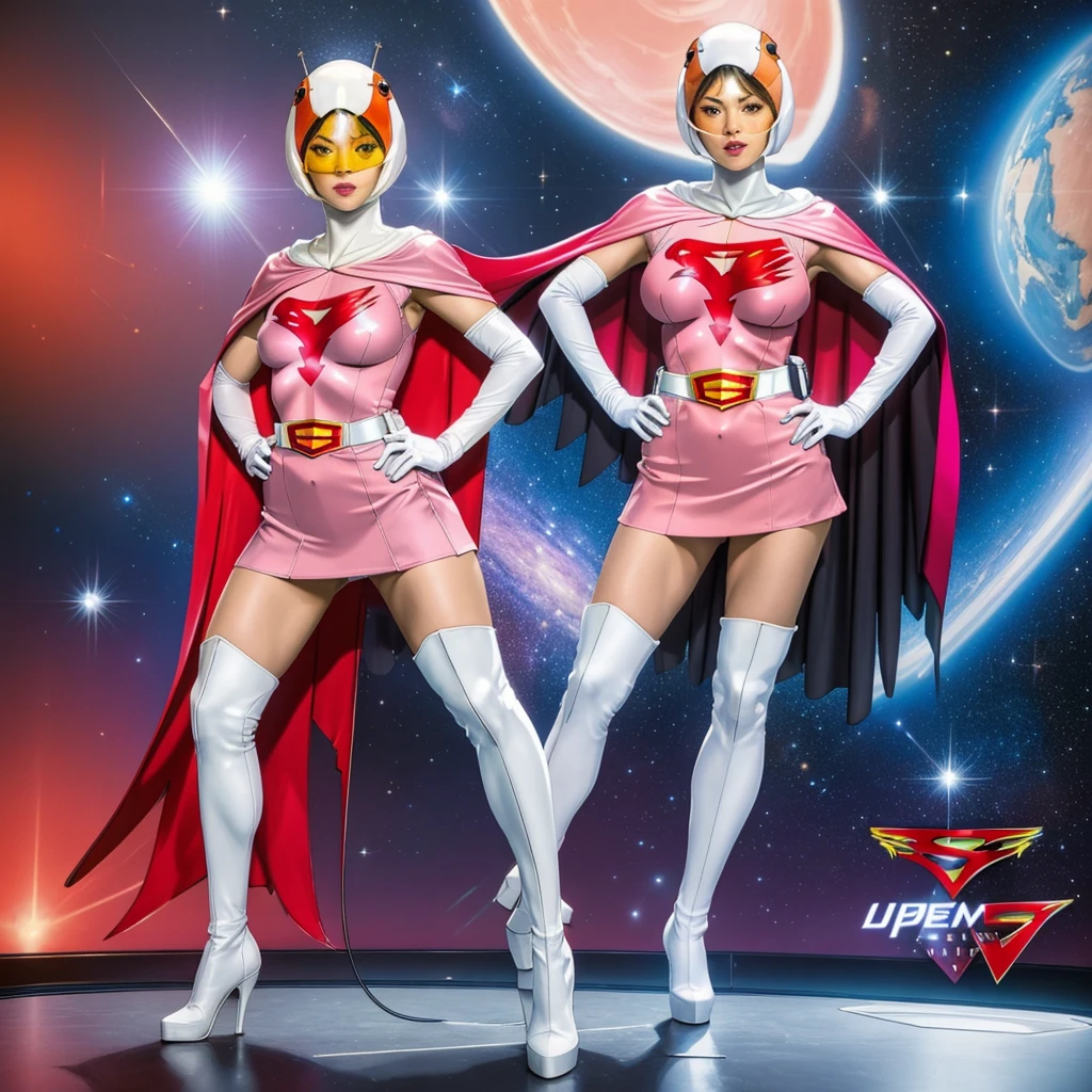 ANI_CLASSIC_jun_gatchaman_ownwaifu,1girl, ,good anatomy, masterpiece, best quality,realistic, hyper realistic, 16k hdr, long hair,breasts,lips,large breasts,lipstick,makeup,gloves,cape,helmet,belt,elbow gloves,white gloves,mask,ultra miniskirt,leotard,spacesuit,white tight overknee highheels boots,pink dress,superhero,bodysuit,cleavage,erected nipples,(stand pose,hands on hip),(spread legs:1.1)