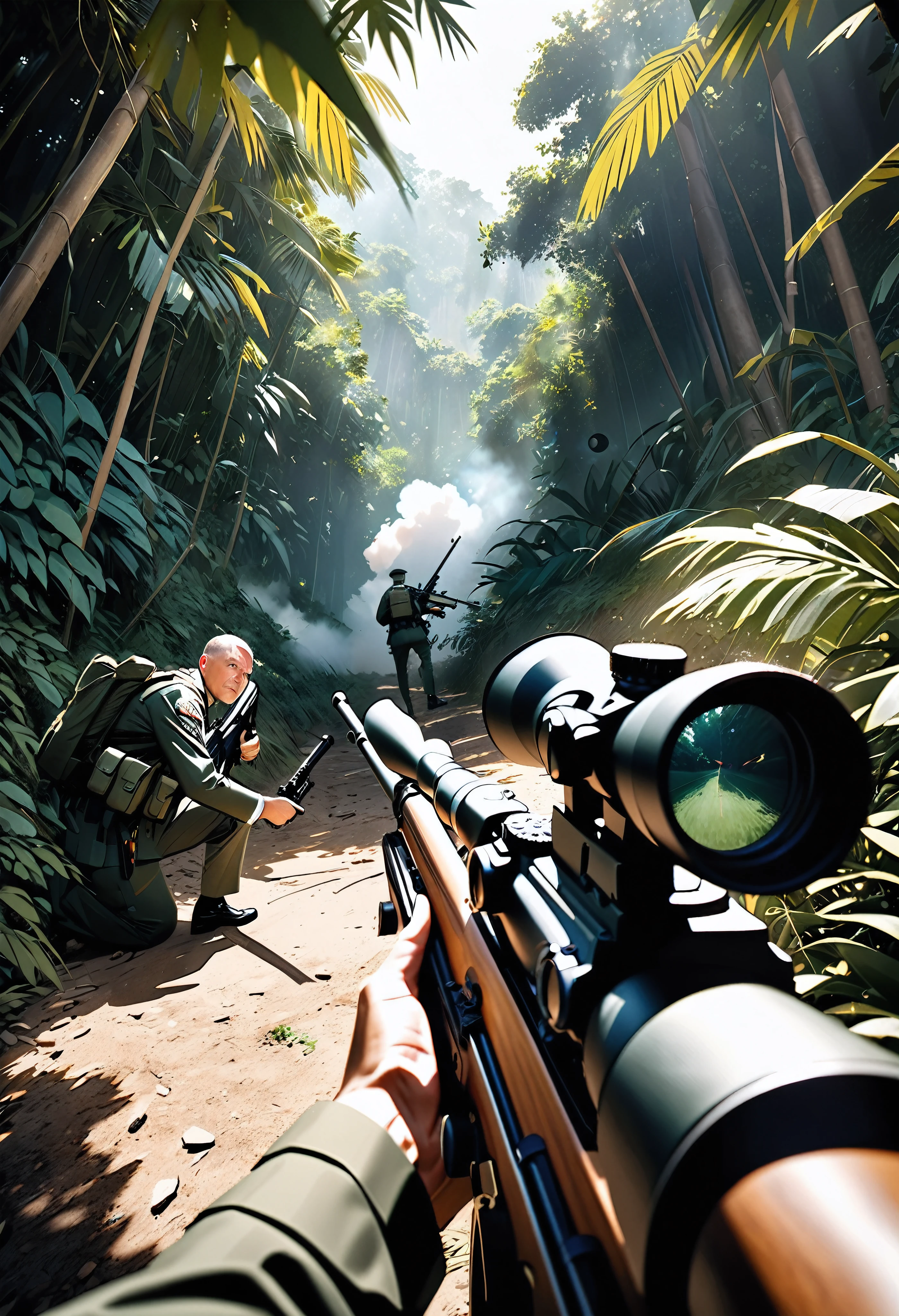 A first-person view of a sniper assassinating a military officer from the bushes., A senior military officer aims at the center of the sight., Only one person, Rifle in right hand, Shooting pose with a rifle, Targeting senior officers in uniform, Aim for the target, Staring at the target, Wide-angle shot, Dynamic Perspective, Projection of enlarged scope images, BREAK Snipe a senior officer hiding in the jungle, Enemy camp hiding in the jungle, Accurate and aesthetic sniper shooting, Breath-holding precision shooting, BREAK ((Aim at the head of the senior officer)), Professional sniper assassination plot, Highest quality, RAW Photos, Realistic photos, 