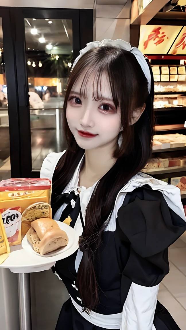 (masterpiece:1.2, Highest quality), (Realistic, photoRealistic:1.4), Beautiful illustrations, (Natural Side Lighting, Cinema Lighting), 
Looking at the audience, Upper Body, (Front view), 1 girl, Perfect Face, Symmetrical cute face, Glowing Skin, Baby Face, Long eyelashes, (large chest), (Wide Hips),
Beautiful Hair, Beautiful Face, Fine and beautiful eyes, Beautiful body, beautiful chest, Beautiful thighs, Beautiful legs, Beautiful fingers,
(Beautiful views),(Cute Smile:1.2, Upper Eye),female punk, apron, Black dress, Blurred, Blurred background, Blurred前景, blush, Braiding, chest, Depth of written boundary, dress, Eyebrows visible through hair, Frills, gloves, Hair between the eyes, indoor, jewelry, Juliet Sleeve, Long sleeve, View your viewers, Maid, Maid apronl, Maidの頭飾り, Puff sleeves, short hair,  White apron, window、Statue Idol、expensive、Cafe、restaurant、(Punk Style:1.5),