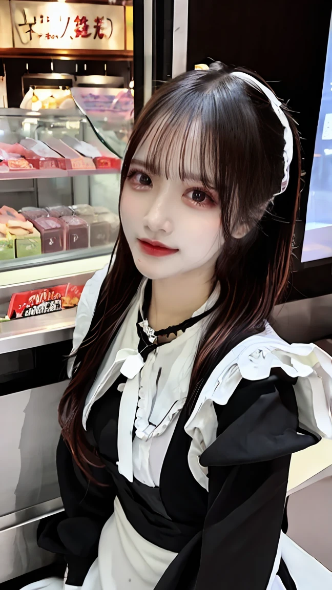 (masterpiece:1.2, Highest quality), (Realistic, photoRealistic:1.4), Beautiful illustrations, (Natural Side Lighting, Cinema Lighting),
Looking at the audience, Upper Body, (Front view), 1 girl, Perfect Face, Symmetrical cute face, Glowing Skin, Baby Face, Long eyelashes, (large chest), (Wide Hips),
Beautiful Hair, Beautiful Face, Fine and beautiful eyes, Beautiful body, beautiful chest, Beautiful thighs, Beautiful legs, Beautiful fingers,
(Beautiful views),(Cute Smile:1.2, Upper Eye),female punk, apron, Black dress, Blurred, Blurred background, Blurred前景, blush, Braiding, chest, Depth of written boundary, dress, Eyebrows visible through hair, Frills, gloves, Hair between the eyes, indoor, jewelry, Juliet Sleeve, Long sleeve, View your viewers, Maid, Maid apronl, Maidの頭飾り, Puff sleeves, short hair, White apron, window、Statue Idol、expensive、Cafe、restaurant、(Punk Style:1.5),