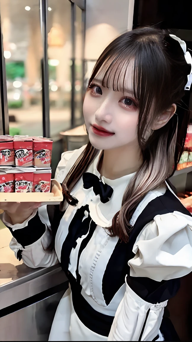 (masterpiece:1.2, Highest quality), (Realistic, photoRealistic:1.4), Beautiful illustrations, (Natural Side Lighting, Cinema Lighting), 
Looking at the audience, Upper Body, (Front view), 1 girl, Perfect Face, Symmetrical cute face, Glowing Skin, Baby Face, Long eyelashes, (large chest), (Wide Hips),
Beautiful Hair, Beautiful Face, Fine and beautiful eyes, Beautiful body, beautiful chest, Beautiful thighs, Beautiful legs, Beautiful fingers,
(Beautiful views),(Cute Smile:1.2, Upper Eye),female punk, apron, Black dress, Blurred, Blurred background, Blurred前景, blush, Braiding, chest, Depth of written boundary, dress, Eyebrows visible through hair, Frills, gloves, Hair between the eyes, indoor, jewelry, Juliet Sleeve, Long sleeve, View your viewers, Maid, Maid apronl, Maidの頭飾り, Puff sleeves, short hair,  White apron, window、Statue Idol、expensive、Cafe、restaurant、(Punk Style:1.5),