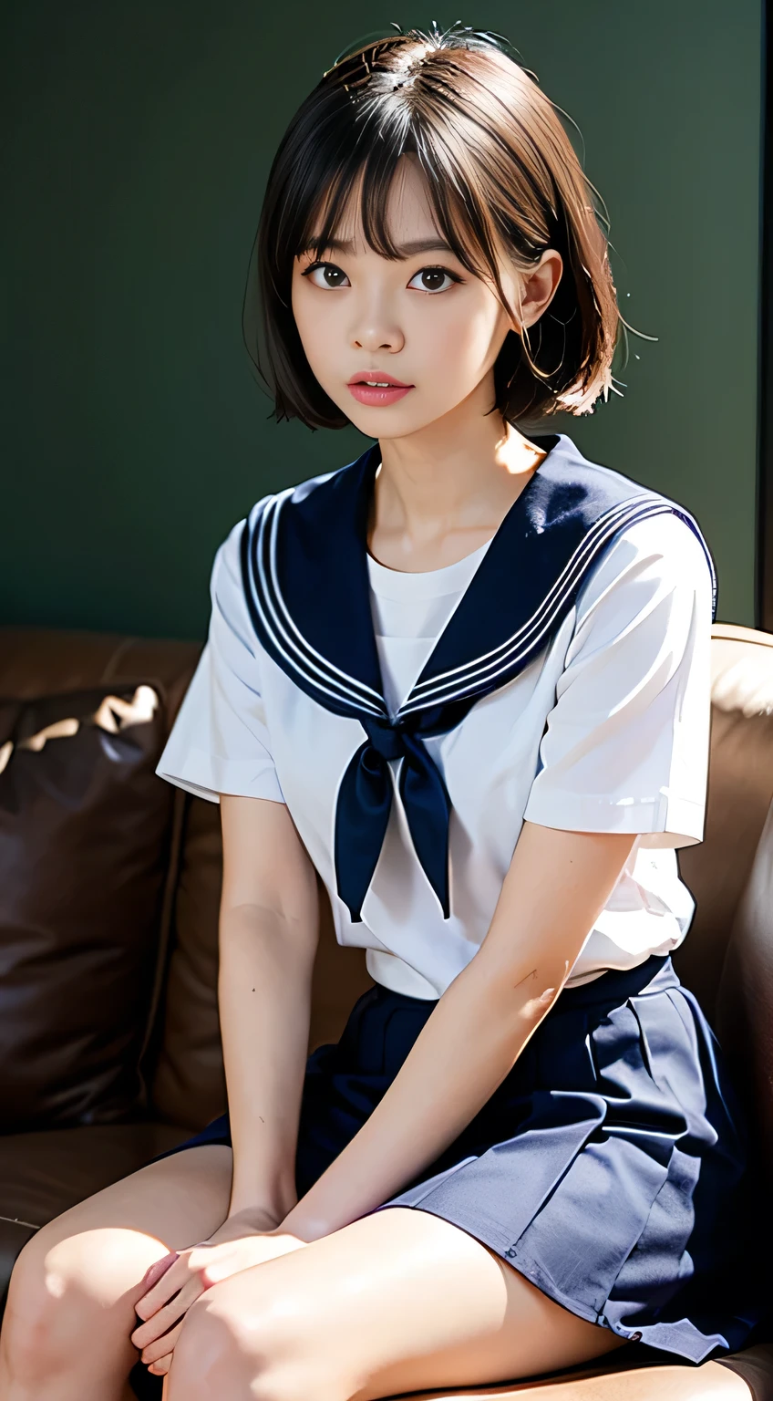 (Tabletop, Highest quality:1.2), 8k, Official Art, RAW Photos, unbelievably ridiculous、((Full Body Shot))、 (Upper Body, Sailor suit, Seraphim:1.4), beautiful girl, Pretty face, Layered Haircut、lean back, (Navy Pleated Skirt:1.1), close, , Short sleeve, Gardenia, Violet, , ((Sitting on the sofa in a dark room)),(Sitting:1.2)、View your viewers, No makeup, Sitting upright on the bed、Film Grain, chromatic aberration, Sharp focus, Face Light, Dynamic Lighting, Cinema Lighting, Eye and facial details,、((Sitting on the sofa in a dark room)),