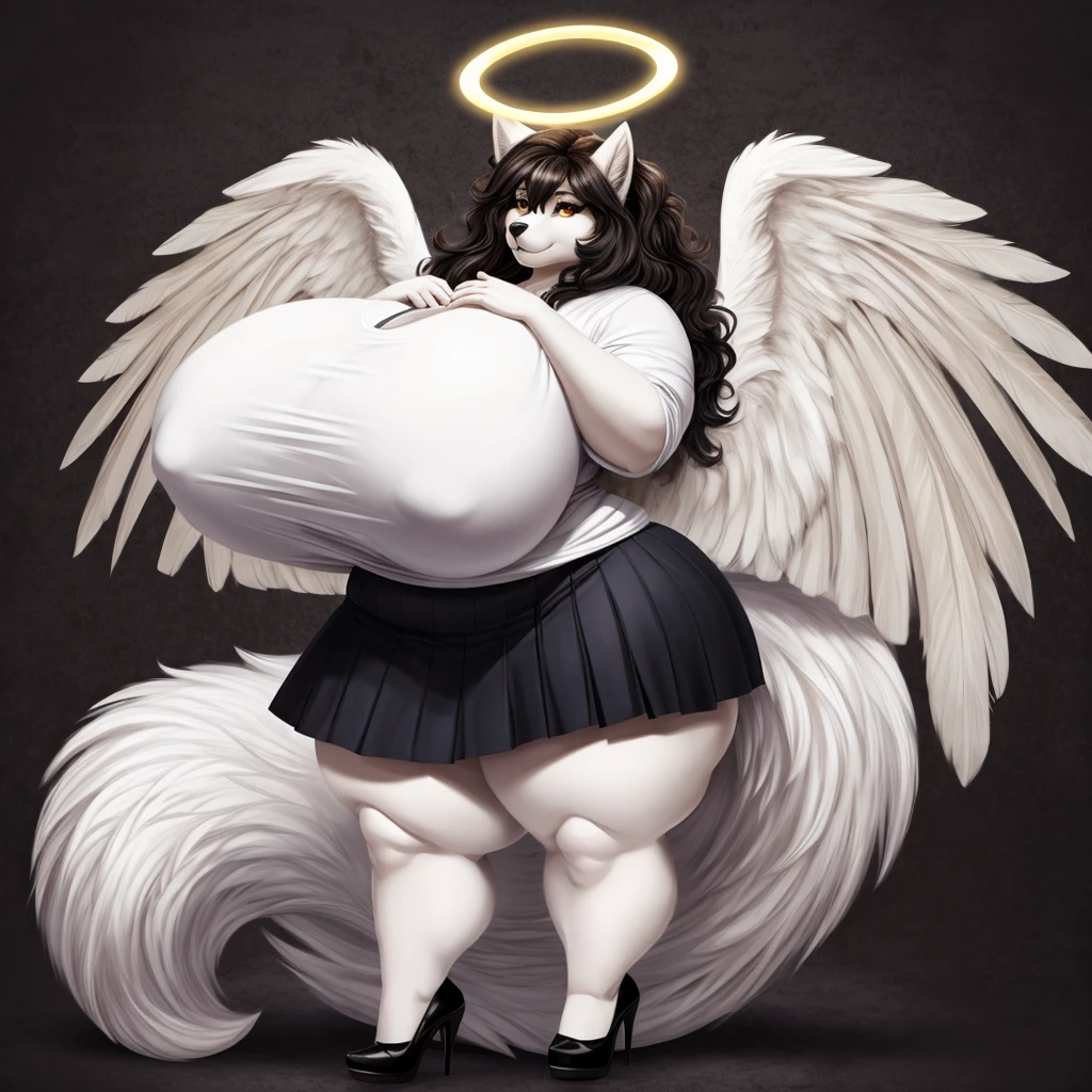 Wolf, female, huge breasts, huge hips, huge thighs, plump, voluptuous, gorgeous, beautiful, eyelashes, fat arms, fat legs, overweight, fluffy long messy hair,amber eyes,pubes, black and white fur,white stripes, halo,wings, oversized shirt,skirt,high-heels