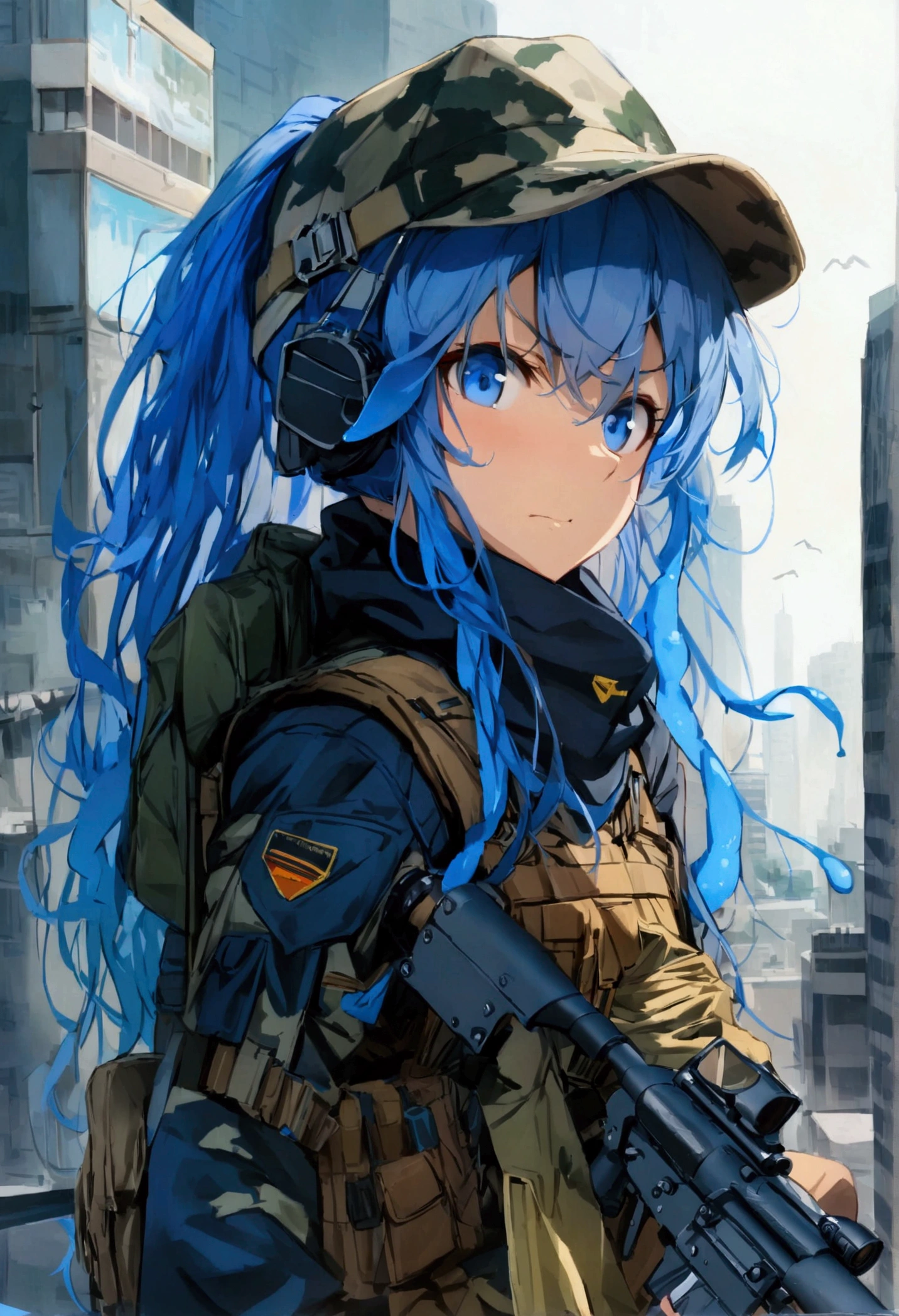 (Ultra-high resolution), (masterpiece), (Attention to detail), (high quality), (最high quality) , th, blue hair, tentacle hair, blue eyes, long hair, hat, bracelet, tentacles, 1 girl, alone, ((Sniper)), Sniperライフル, Tactical Gear, Urban Background, skyscraper, Camouflage, Sniper pose, Serious expression, goggles, Urban Camo, Kneeling