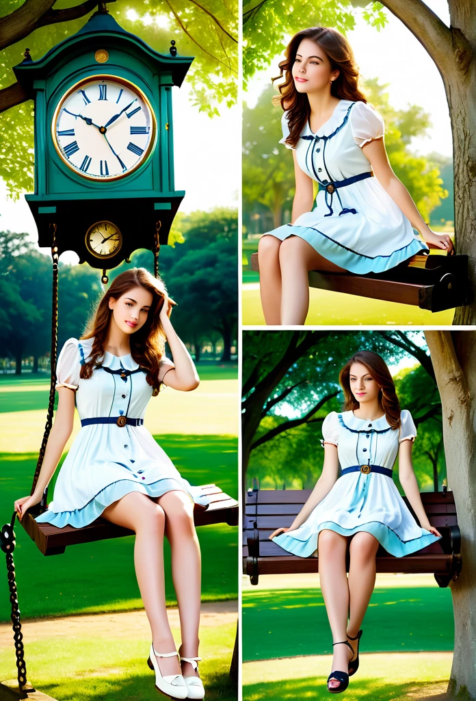 "A sequence of four images, each showing the same beautiful woman next to a clock, symbolizing the passage of time:
Adolescence: the same , now a teenager of about fifteen, is sitting on a wooden swing in a serene park. Dressed in a light summer dress, she looks dreamily at the horizon, with the large clock next to it marking the passage of time, symbolizing your curiosity and hope for the future.
