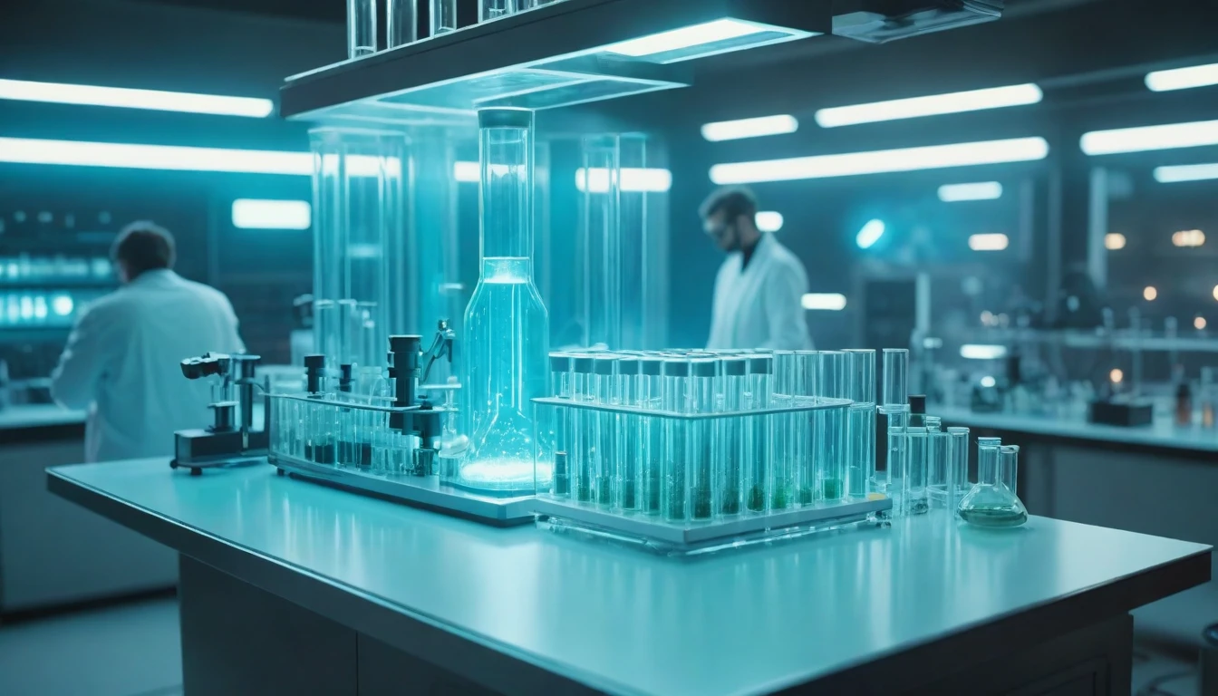 Futuristic laboratory with scientists working. Above them, an ethereal representation of divine hands subtly guiding their actions. Test tubes and microscopes in the foreground. Realistic style with science fiction touches, high definition, realistic style, cinematic style, soft colors. Photorealism style, high resolution, 8k