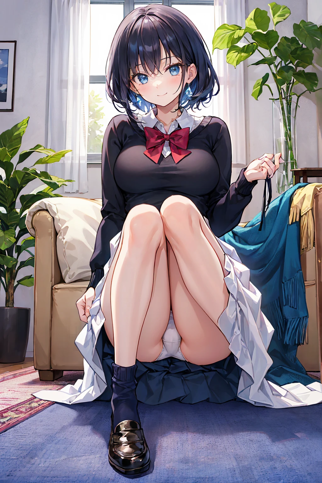 (1) A woman is sitting on the carpet in her living room with her shoes off. Her skirt is short、Her white panties are almost visible.
(2) The woman is a high school girl., On her feet she wears dark blue mid-length socks..
(3) The woman's hair is brown and medium long..
(4) The woman's expression is a smile.
(5) The location was on the carpet in the apartment's living room..