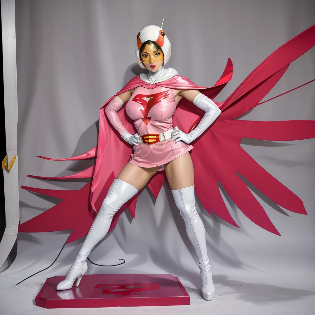 ANI_CLASSIC_jun_gatchaman_ownwaifu,1girl, ,good anatomy, masterpiece, best quality,realistic, hyper realistic, 16k hdr, long hair,breasts,lips,large breasts,lipstick,makeup,gloves,cape,helmet,belt,elbow gloves,white gloves,mask,ultra miniskirt,leotard,spacesuit,white tight overknee highheels boots,pink dress,superhero,bodysuit,cleavage,erected nipples,(stand pose,hands on hip),(spread legs:1.1)