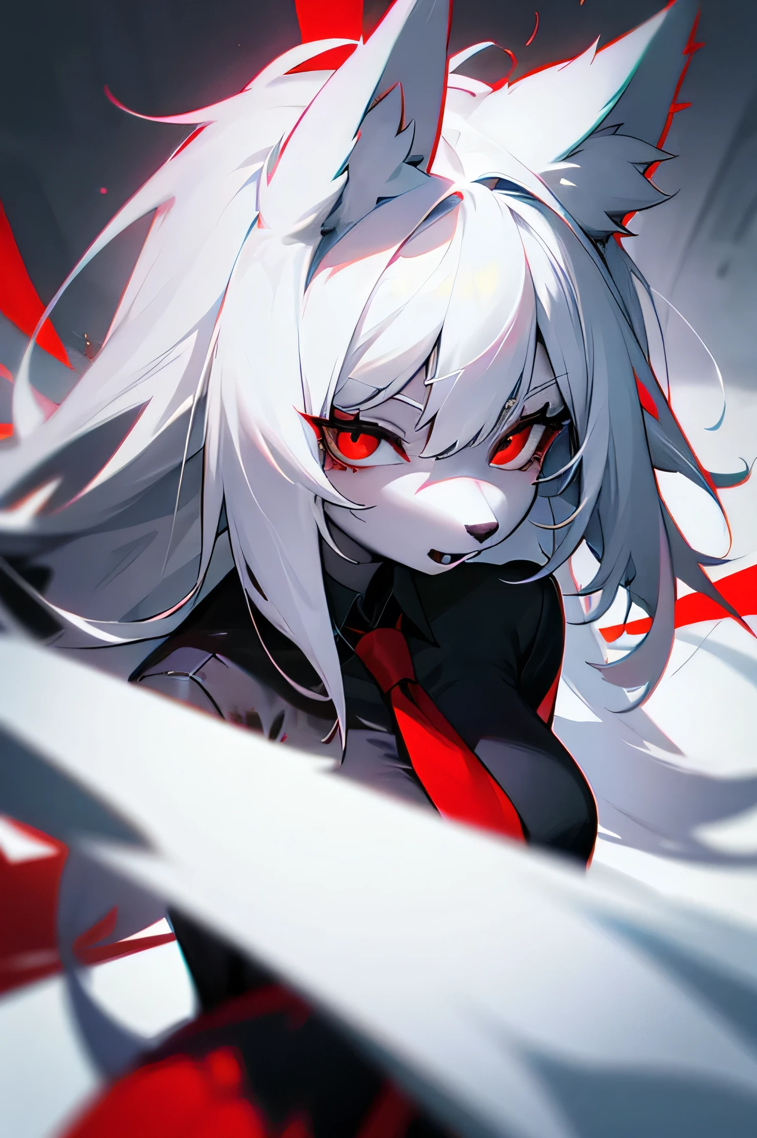 Furry wolf girl with white hair, black ears, white skin, red eyes, red tie and black suit