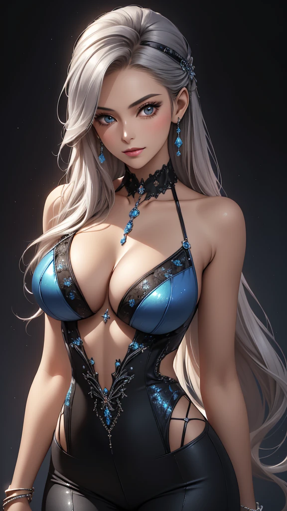 Closeup, Best quality, masterpiece, realistic, Beautiful sexy cool tall, slim, fit woman, wearing fancy silver-blue sequin  top and black pants, intricate and highly detailed, cleavage, long silver hair, body chain, jewelry.