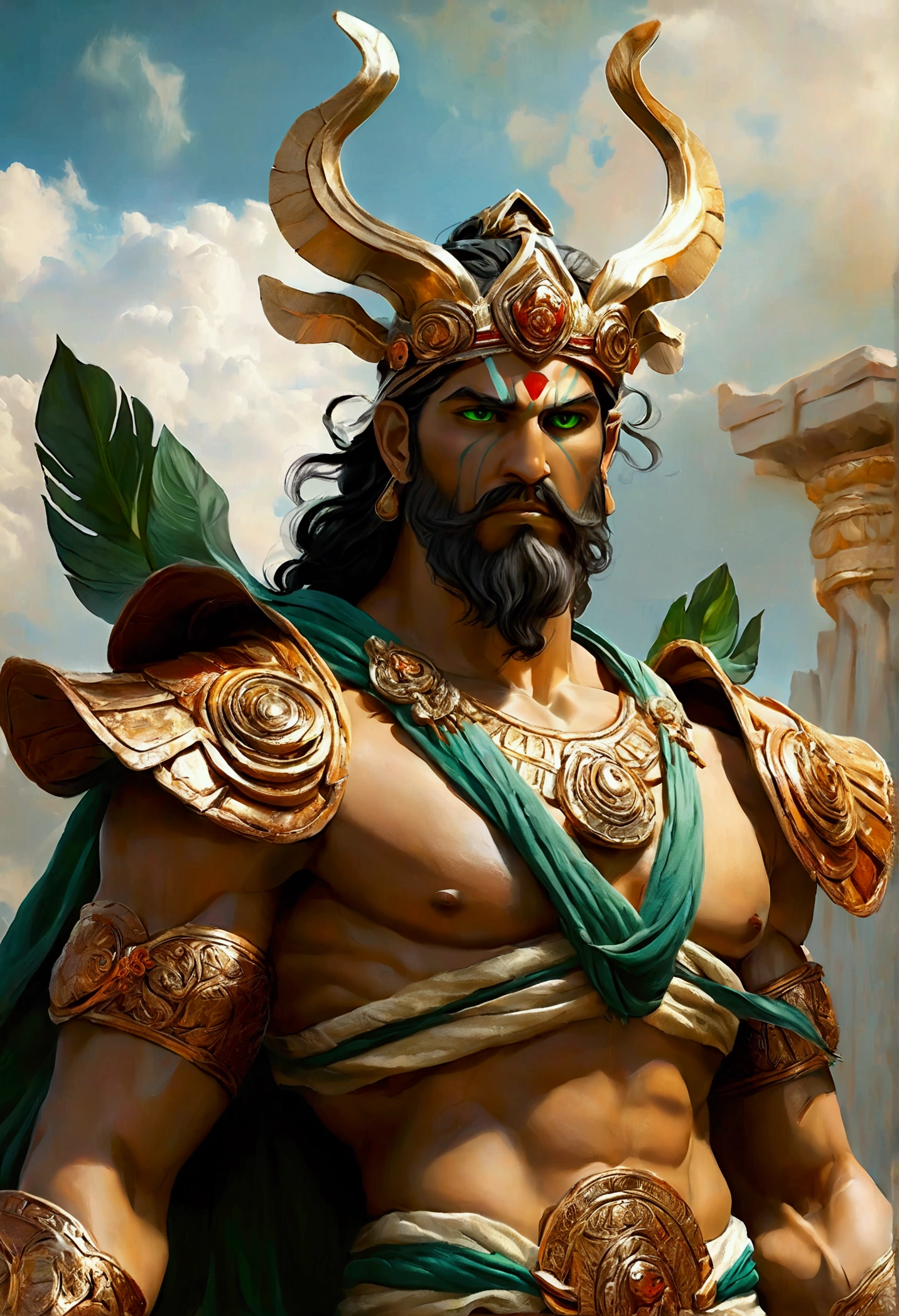 Create a detailed and expressive painting of a strong and wise earth god, giving off a sense of power, physically associated with the war god Ares and more of a Greek deity. The deity should be depicted in the foreground, with a proud, victorious smile, showing confidence and authority. His expression is not calm, but reflects intensity and determination, with eyes wide and focused. The deity's features include black hair, green eyes and ornaments typical of the earth element, as well as white skin, being very much like a handsome Greek god. Make sure these ornaments reflect the essence of the earth, incorporating elements such as stones, vines or natural motifs. The background should feature shades of brown, dark green and orange, blending to evoke the earthy environment against a black background. Use shading and textures to emphasise the strong presence of the deity and the ruggedness associated with the earth element. Use lighting to highlight the deity's facial features and depth of expression, creating a compelling contrast with the earth-toned background. The artistic style should emphasise intricate detail and a sense of ancient wisdom, ensuring a composition that feels both formidable and deeply connected to the earth element.