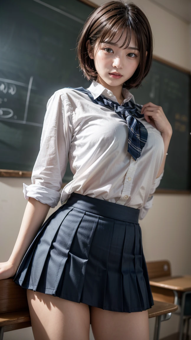 (Realistic:1.4), Highest quality, masterpiece, RAW32K Photo, (Very detailed美しい日本の女の子), (Very fine particles:1.2), (*********),(Cute Face:1.2), Very detailed, Ultra-high resolution, wonderful, break,
(school uniform:1.5), Detailed school girl, (Bright classroom 1.3、Moody light), Beautiful detailed girl, blonde、Cute Face, mini skirt,(thigh)、(She lifted her skirt to reveal her white panties.)、((short hair))、Big Breasts、Big Tits、Gal