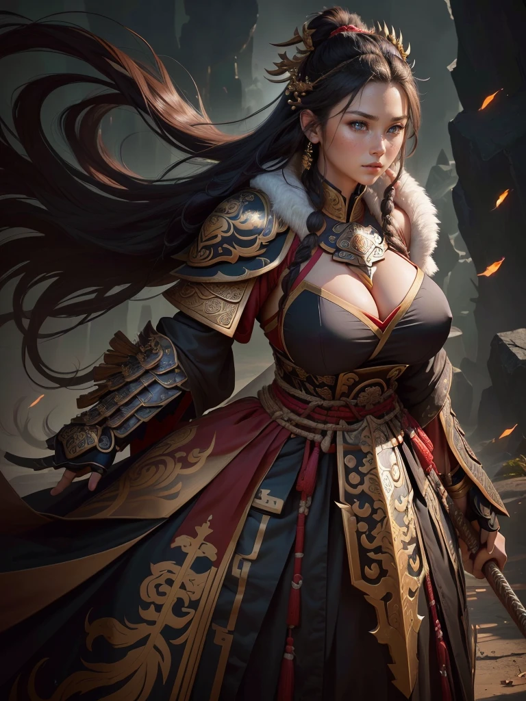 a woman with a large axe and a feathered head, inspired by Hu Zaobin, berserker potrait, guan yu, bian lian, sun wukong, mongol, inspired by Huang Shen, inspired by Li Gonglin, tai warlord, inspired by Wu Bin, wukong, inspired by Li Kan, naranbaatar ganbold, Highly detailed CG unit 8k wallpaper, masterpiece, High resolution, highest quality, highest quality real texture skin, Super Real, Digital Painting, Best image quality, 最High resolution, 8k, ((Highly detailed eyes and face, Beautiful eyes every detail)), 1girl, Full Body Shot, Saggy breasts, Gravity-dependent breasts, long chest, Heavy chest, disproportionate breasts, huge breasts, sagging breasts, gigantic breasts, (erect nipple), Cleavage cut out, (Look away, Gazing into the distance),
