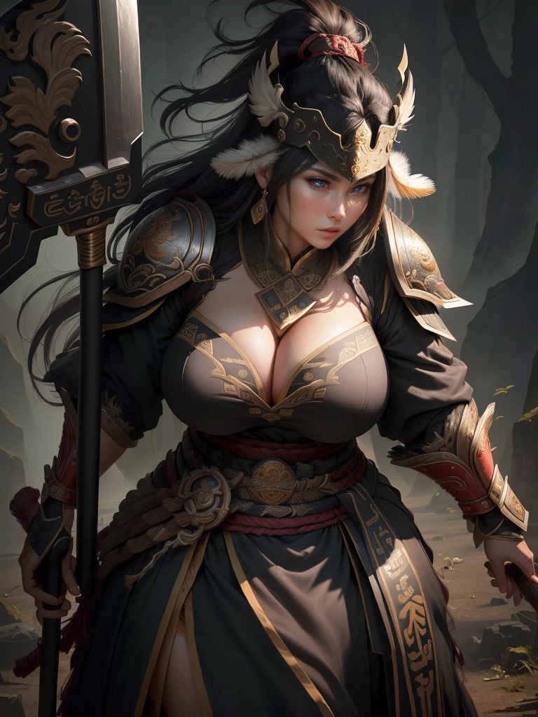 a woman with a large axe and a feathered head, inspired by Hu Zaobin, berserker potrait, guan yu, bian lian, sun wukong, mongol, inspired by Huang Shen, inspired by Li Gonglin, tai warlord, inspired by Wu Bin, wukong, inspired by Li Kan, naranbaatar ganbold, Highly detailed CG unit 8k wallpaper, masterpiece, High resolution, highest quality, highest quality real texture skin, Super Real, Digital Painting, Best image quality, 最High resolution, 8k, ((Highly detailed eyes and face, Beautiful eyes every detail)), 1girl, Full Body Shot, Saggy breasts, Gravity-dependent breasts, long chest, Heavy chest, disproportionate breasts, huge breasts, sagging breasts, gigantic breasts, (erect nipple), Cleavage cut out, (Look away, Gazing into the distance), 