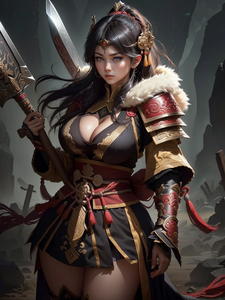 a woman with a large axe and a feathered head, inspired by Hu Zaobin, berserker potrait, guan yu, bian lian, sun wukong, mongol, inspired by Huang Shen, inspired by Li Gonglin, tai warlord, inspired by Wu Bin, wukong, inspired by Li Kan, naranbaatar ganbold, Highly detailed CG unit 8k wallpaper, masterpiece, High resolution, highest quality, highest quality real texture skin, Super Real, Digital Painting, Best image quality, 最High resolution, 8k, ((Highly detailed eyes and face, Beautiful eyes every detail)), 1girl, Full Body Shot, Saggy breasts, Gravity-dependent breasts, long chest, Heavy chest, disproportionate breasts, huge breasts, sagging breasts, gigantic breasts, (erect nipple), Cleavage cut out, (Look away, Gazing into the distance), 