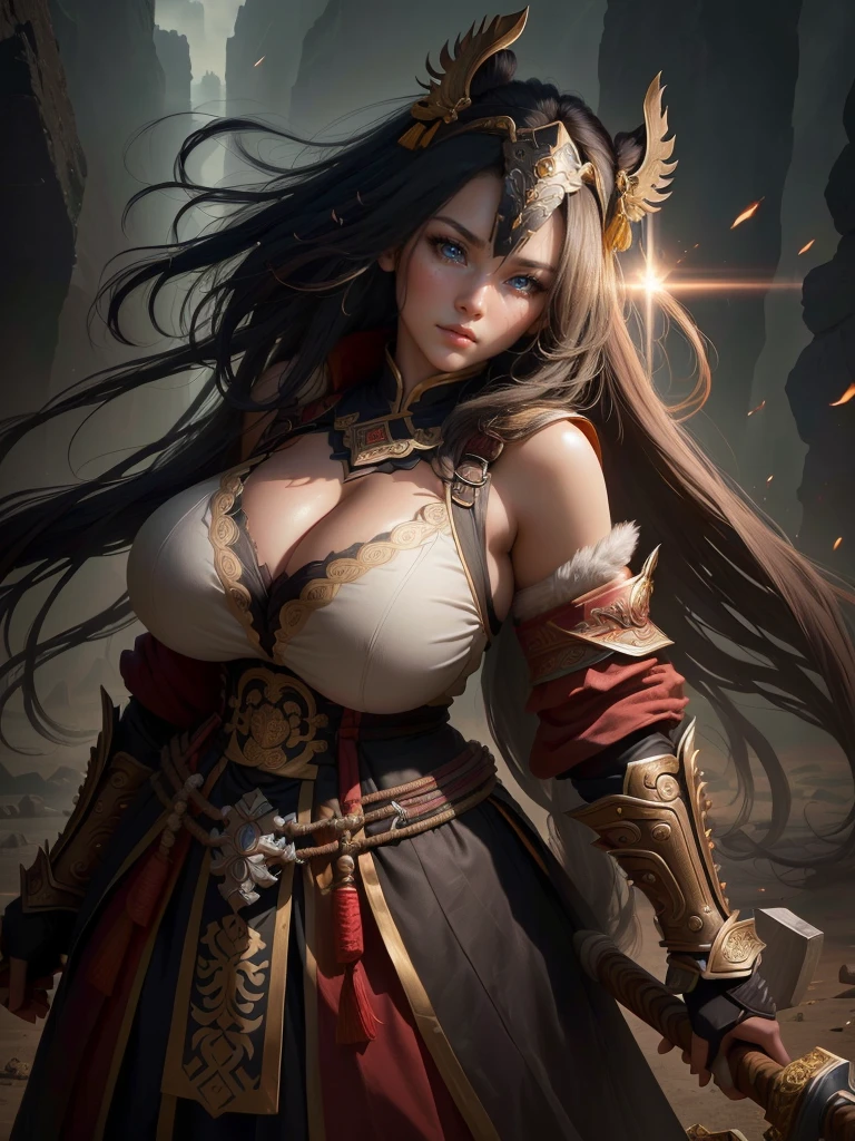 a woman with a large axe and a feathered head, inspired by Hu Zaobin, berserker potrait, guan yu, bian lian, sun wukong, mongol, inspired by Huang Shen, inspired by Li Gonglin, tai warlord, inspired by Wu Bin, wukong, inspired by Li Kan, naranbaatar ganbold, Highly detailed CG unit 8k wallpaper, masterpiece, High resolution, highest quality, highest quality real texture skin, Super Real, Digital Painting, Best image quality, 最High resolution, 8k, ((Highly detailed eyes and face, Beautiful eyes every detail)), 1girl, Full Body Shot, Saggy breasts, Gravity-dependent breasts, long chest, Heavy chest, disproportionate breasts, huge breasts, sagging breasts, gigantic breasts, (erect nipple), Cleavage cut out, (Look away, Gazing into the distance), 