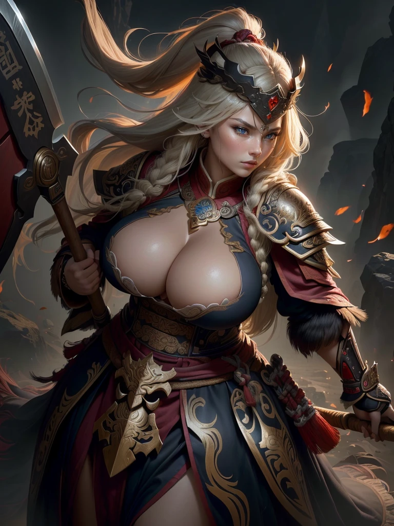 a woman with a large axe and a feathered head, inspired by Hu Zaobin, berserker potrait, guan yu, bian lian, sun wukong, mongol, inspired by Huang Shen, inspired by Li Gonglin, tai warlord, inspired by Wu Bin, wukong, inspired by Li Kan, naranbaatar ganbold, Highly detailed CG unit 8k wallpaper, masterpiece, High resolution, highest quality, highest quality real texture skin, Super Real, Digital Painting, Best image quality, 最High resolution, 8k, ((Highly detailed eyes and face, Beautiful eyes every detail)), 1girl, Full Body Shot, Saggy breasts, Gravity-dependent breasts, long chest, Heavy chest, disproportionate breasts, huge breasts, sagging breasts, gigantic breasts, (erect nipple), Cleavage cut out, (Look away, Gazing into the distance), 