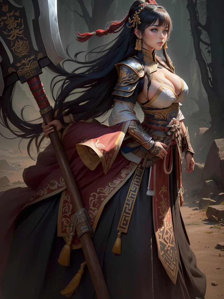 a woman with a large axe and a feathered head, inspired by Hu Zaobin, berserker potrait, guan yu, bian lian, sun wukong, mongol, inspired by Huang Shen, inspired by Li Gonglin, tai warlord, inspired by Wu Bin, wukong, inspired by Li Kan, naranbaatar ganbold, Highly detailed CG unit 8k wallpaper, masterpiece, High resolution, highest quality, highest quality real texture skin, Super Real, Digital Painting, Best image quality, 最High resolution, 8k, ((Highly detailed eyes and face, Beautiful eyes every detail)), 1girl, Full Body Shot, Saggy breasts, Gravity-dependent breasts, long chest, Heavy chest, disproportionate breasts, huge breasts, sagging breasts, gigantic breasts, (erect nipple), Cleavage cut out, (Look away, Gazing into the distance),
