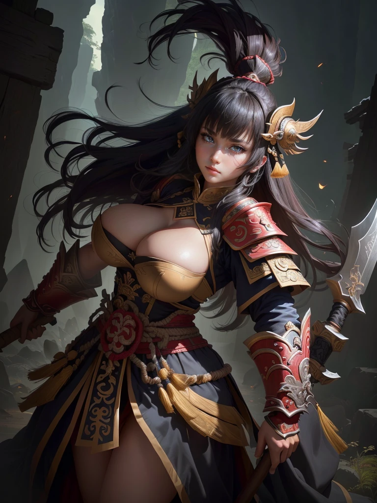 a woman with a large axe and a feathered head, inspired by Hu Zaobin, berserker potrait, guan yu, bian lian, sun wukong, mongol, inspired by Huang Shen, inspired by Li Gonglin, tai warlord, inspired by Wu Bin, wukong, inspired by Li Kan, naranbaatar ganbold, Highly detailed CG unit 8k wallpaper, masterpiece, High resolution, highest quality, highest quality real texture skin, Super Real, Digital Painting, Best image quality, 最High resolution, 8k, ((Highly detailed eyes and face, Beautiful eyes every detail)), 1girl, Full Body Shot, Saggy breasts, Gravity-dependent breasts, long chest, Heavy chest, disproportionate breasts, huge breasts, sagging breasts, gigantic breasts, (erect nipple), Cleavage cut out, (Look away, Gazing into the distance),