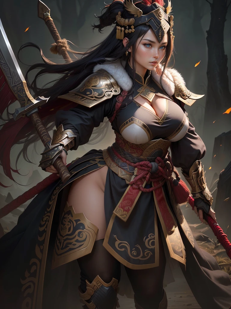 a woman with a large axe and a feathered head, inspired by Hu Zaobin, berserker potrait, guan yu, bian lian, sun wukong, mongol, inspired by Huang Shen, inspired by Li Gonglin, tai warlord, inspired by Wu Bin, wukong, inspired by Li Kan, naranbaatar ganbold, Highly detailed CG unit 8k wallpaper, masterpiece, High resolution, highest quality, highest quality real texture skin, Super Real, Digital Painting, Best image quality, 最High resolution, 8k, ((Highly detailed eyes and face, Beautiful eyes every detail)), 1girl, Full Body Shot, Saggy breasts, Gravity-dependent breasts, long chest, Heavy chest, disproportionate breasts, huge breasts, sagging breasts, gigantic breasts, (erect nipple), Cleavage cut out, (Look away, Gazing into the distance),