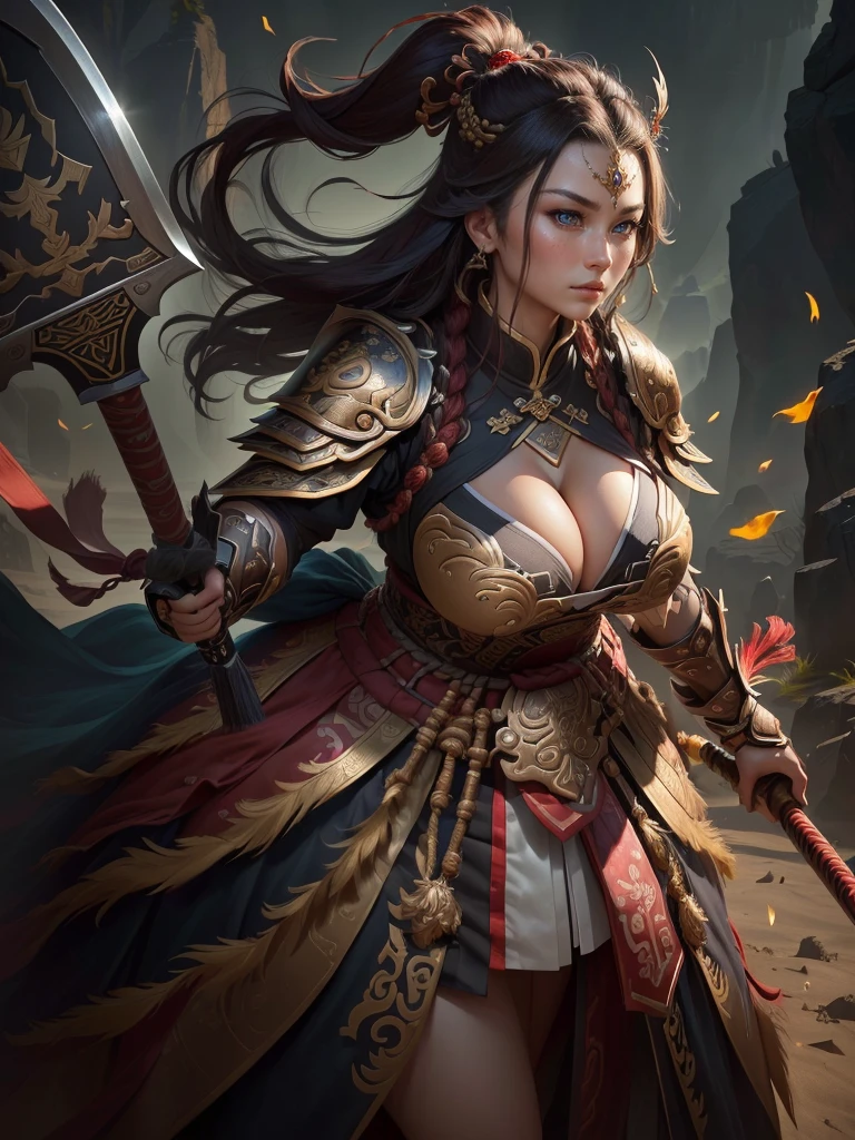 a woman with a large axe and a feathered head, inspired by Hu Zaobin, berserker potrait, guan yu, bian lian, sun wukong, mongol, inspired by Huang Shen, inspired by Li Gonglin, tai warlord, inspired by Wu Bin, wukong, inspired by Li Kan, naranbaatar ganbold, Highly detailed CG unit 8k wallpaper, masterpiece, High resolution, highest quality, highest quality real texture skin, Super Real, Digital Painting, Best image quality, 最High resolution, 8k, ((Highly detailed eyes and face, Beautiful eyes every detail)), 1girl, Full Body Shot, Saggy breasts, Gravity-dependent breasts, long chest, Heavy chest, disproportionate breasts, huge breasts, sagging breasts, gigantic breasts, (erect nipple), Cleavage cut out, (Look away, Gazing into the distance),
