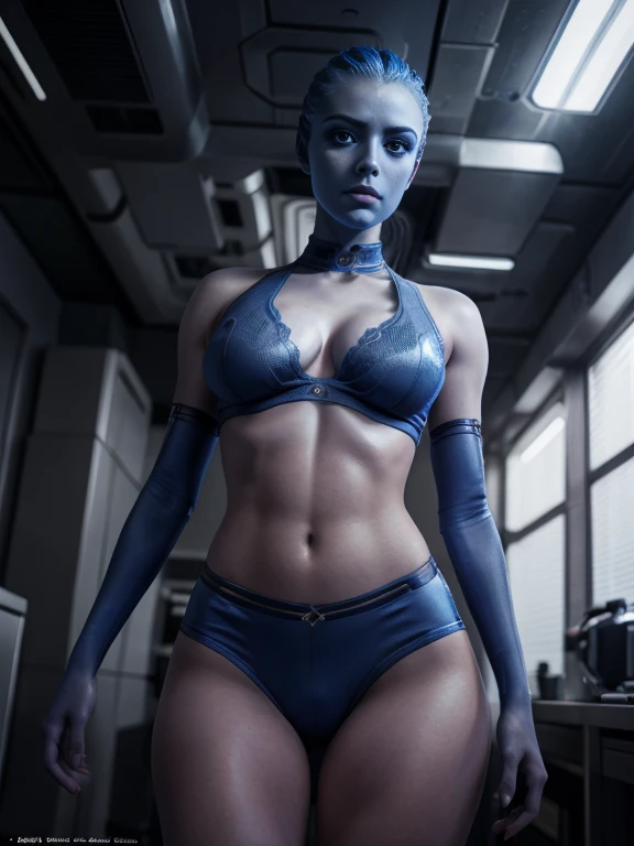 A blue female Humanoid Alien, beautiful detailed eyes, beautiful detailed lips, extremely detailed eyes and face, long eyelashes, tight space uniform, midriff, cleavage, sexy, blue skin, alien spaceship, moody dramatic lighting, looking down at viewer, cinematic composition, photorealistic, 8k, hyper detailed