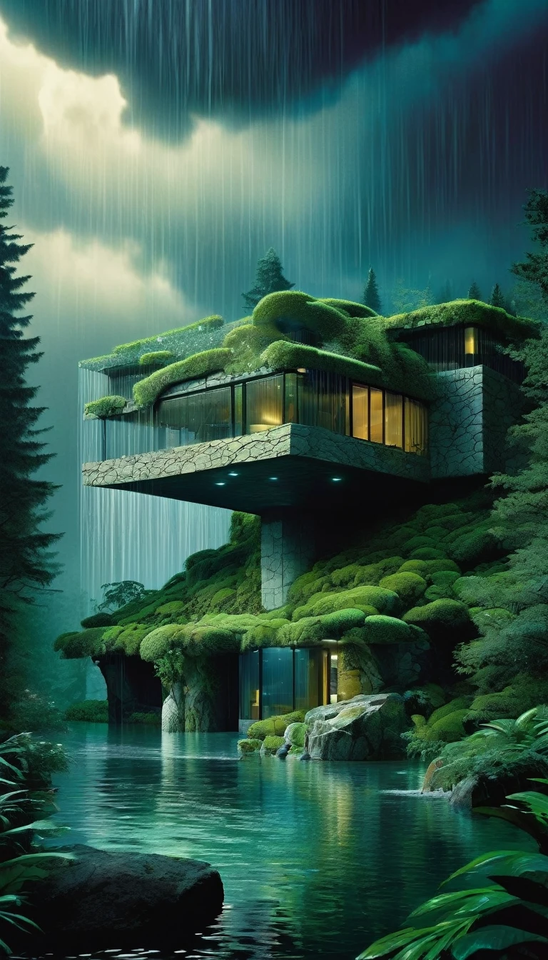 a fantastic futuristic stone house in a forest whit a lake,rain, (best quality,4k,8k,highres,masterpiece:1.2),ultra-detailed,(realistic,photorealistic,photo-realistic:1.37),magical,dark moody colors,dramatic lighting,dramatic clouds,intricate details,highly detailed stone texture,lush overgrown forest,heavy rain,dynamic composition,dramatic shadows,Bill Sienkiewicz style
