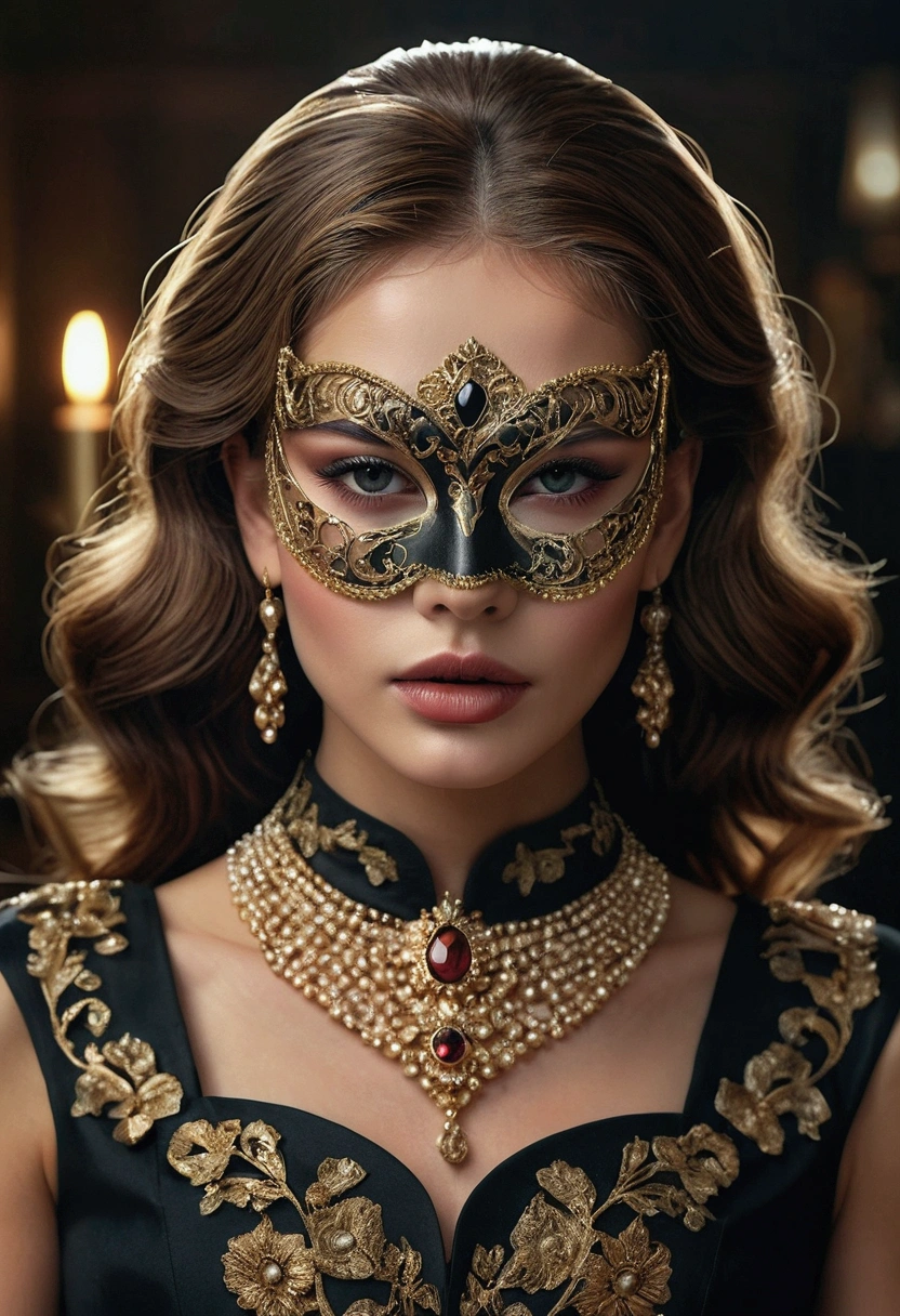 A beautiful woman with mask, two pure diabetics, densely durable, necklace and stylishly jewelry, (the best quality, 4K, 8k, highlights, masterpiece: 1.2), very detailed, (realistic, realistic, realistic pictures: 1.37), 1 girl, beautiful detailed eyes, beautiful, free, fluorides, black felt, hair flexible, high quality, hairdressers, dark hair, dark, lighting, lighting, high quality film, highlighting, high-end filming, style of sound, style of vogue, dark colors, mask colors, gums, rich colors,