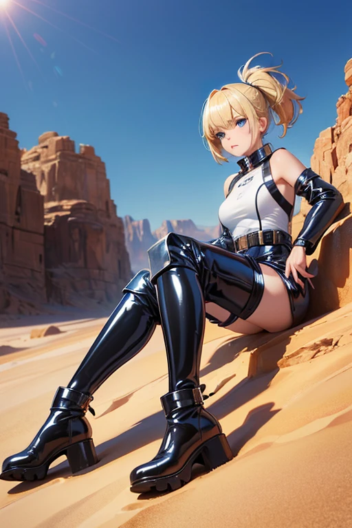 Perfect Anatomy Highest quality,Highest Resolution,(((hot pants boots latex))) Metal Max 2:Reloaded Lena gun Blonde short Blue Eyes C cup Toned s old end of the century desert wilderness
