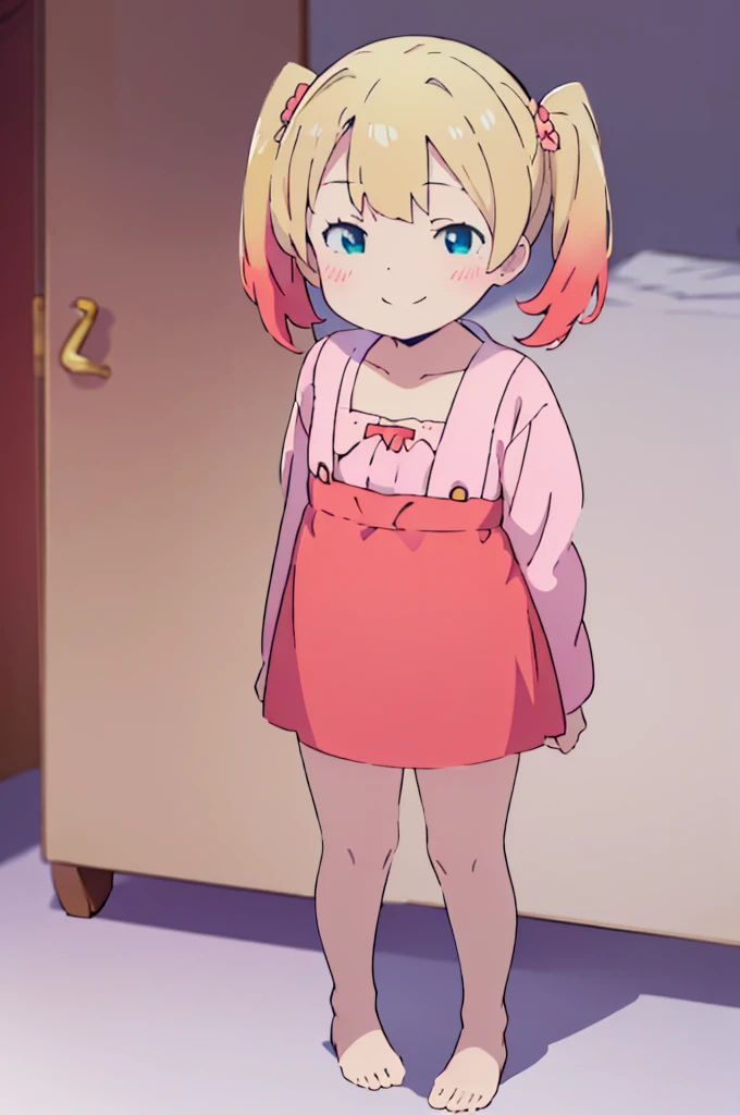 ((masterpiece))((Highest quality))girl、smile、blush、Flat Chest、Are thin、Blonde Hair、blush、Are standing、Whole body image、Eye level to the feet、front、No background、真frontのアングル、Blue clothes、Red and yellow two-tone hair、Twin tails、Red Alice outfit