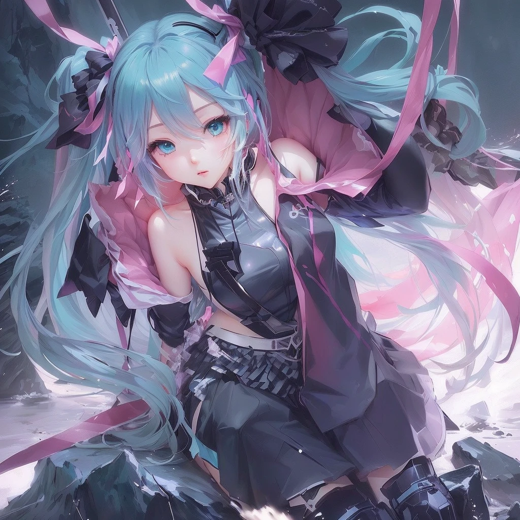 Anime girl with long hair and blue eyes sitting on a rock, portrait of hatsune Miku, Miku, Nightcore, hatsune Miku portrait, artstation pixivでトレンド, hatsune Miku, pixiv Contest Winner, Zerochan Art, Mikudayo, by Shimo, Digital art on Pixiv, Best anime 4k konachan wallpaper