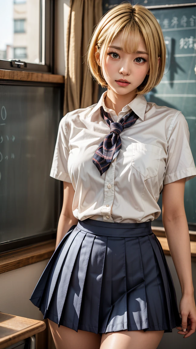 (Realistic:1.4), Highest quality, masterpiece, RAW32K Photo, (Very detailed美しい日本の女の子), (Very fine particles:1.2), (),(Cute Face:1.2), Very detailed, Ultra-high resolution, wonderful, break,
(school uniform:1.5), Detailed school girl, (Bright classroom 1.3、Moody light), Beautiful detailed girl, blonde、Cute Face, mini skirt,(thigh)、(She lifted her skirt to reveal her white panties.)、((short hair))、Big Breasts、Big Tits、Gal