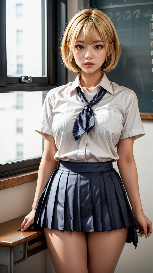 (Realistic:1.4), Highest quality, masterpiece, RAW32K Photo, (Very detailed美しい日本の女の子), (Very fine particles:1.2), (*********),(Cute Face:1.2), Very detailed, Ultra-high resolution, wonderful, break,
(school uniform:1.5), Detailed school girl, (Bright classroom 1.3、Moody light), Beautiful detailed girl, blonde、Cute Face, mini skirt,(thigh)、(She lifted her skirt to reveal her white panties.)、((short hair))、Big Breasts、Big Tits、Gal