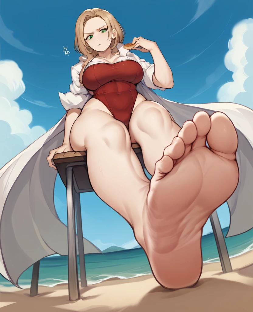 Best Quality, Masterpiece, ultra high resolution, a woman, hope (Pokémon), golden fur ., Green eyes, big breasts, annoyed look, red swimsuit, white coat on top, sitting in a chair, pies, barefoot, barefoot, soles of feet visible, View from below, sitting in a chair, bottom sand, with a beach , View from below