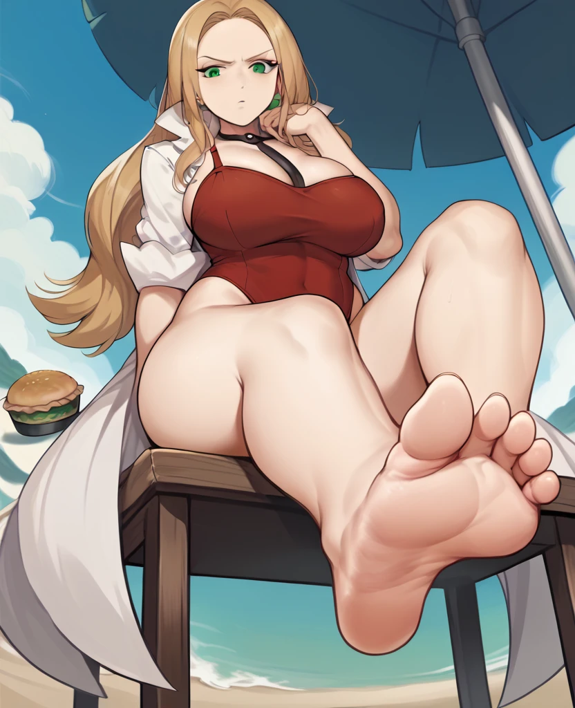 Best Quality, Masterpiece, ultra high resolution, a woman, hope (Pokémon), golden fur ., Green eyes, big breasts, annoyed look, red swimsuit, white coat on top, sitting in a chair, pies, barefoot, barefoot, soles of feet visible, View from below, sitting in a chair, bottom sand, with a beach , View from below