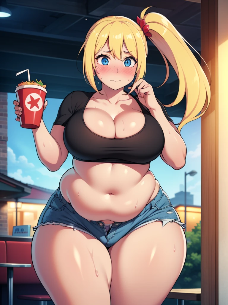 ((highres)), Masterpiece, high quality, best quality, beautiful, perfect lighting, detailed face, ultra cute face, ((1girl)), ((solo)), ((blush)), embarrassed, long fluffy blonde hair, pony tail, blue eyes, sweat, heavy breathing, crop top and shorts, fast food restaurant, cleavage, large breasts, ((wide hips)), (thick thighs), (chubby), ((belly grab)),