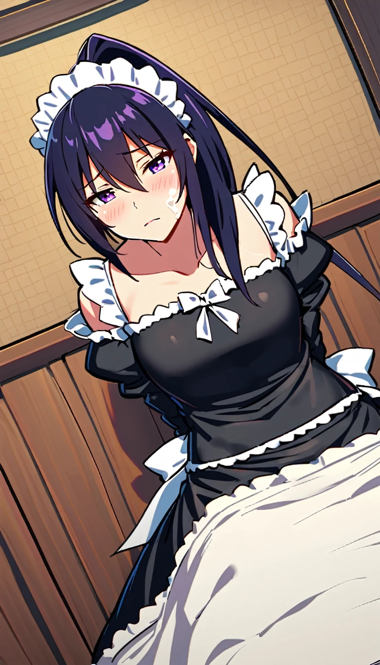 akeno,housemaid clothing, helpless,tied on bed,tied to the bed,cant even move,sperm on face,look from top,limbs tied to the corners of the bed