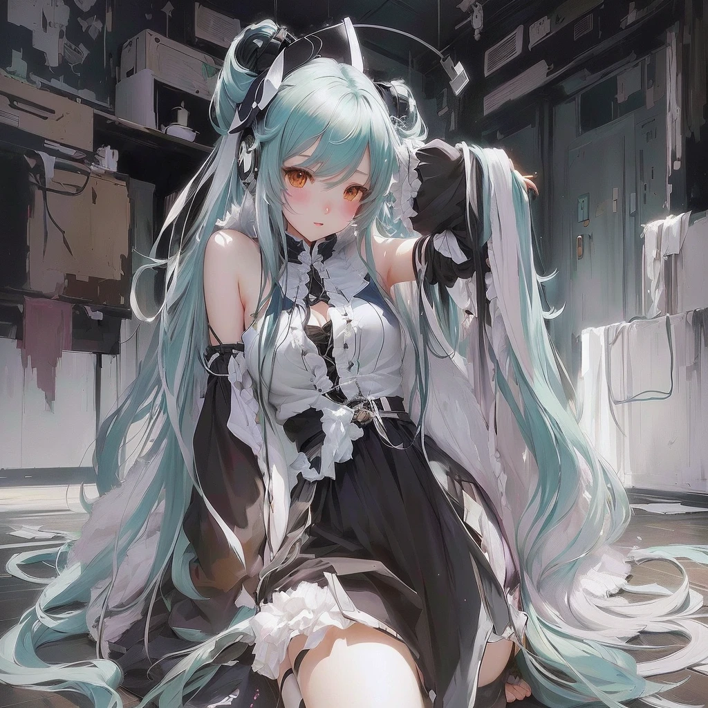 Long haired anime girl sitting on the floor in a room, top rated on Pixiv, Best anime 4k konachan wallpaper, trending on artstation Pixiv, Pixiv, at Pixiv, by Shimo, guweiz on Pixiv artstation, digital art on Pixiv, Pixiv daily ranking, popular on Pixiv