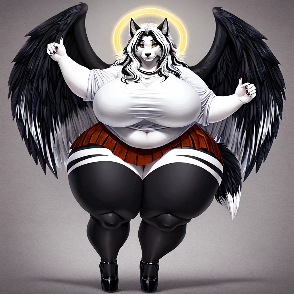 Wolf, female, huge breasts, huge hips, huge thighs, plump, voluptuous, gorgeous, beautiful, eyelashes, fat arms, fat legs, overweight, fluffy long messy hair,amber eyes,pubes, black and white fur,white stripes, halo,wings, oversized shirt,skirt,high-heels,black body, white highlights, white stripes