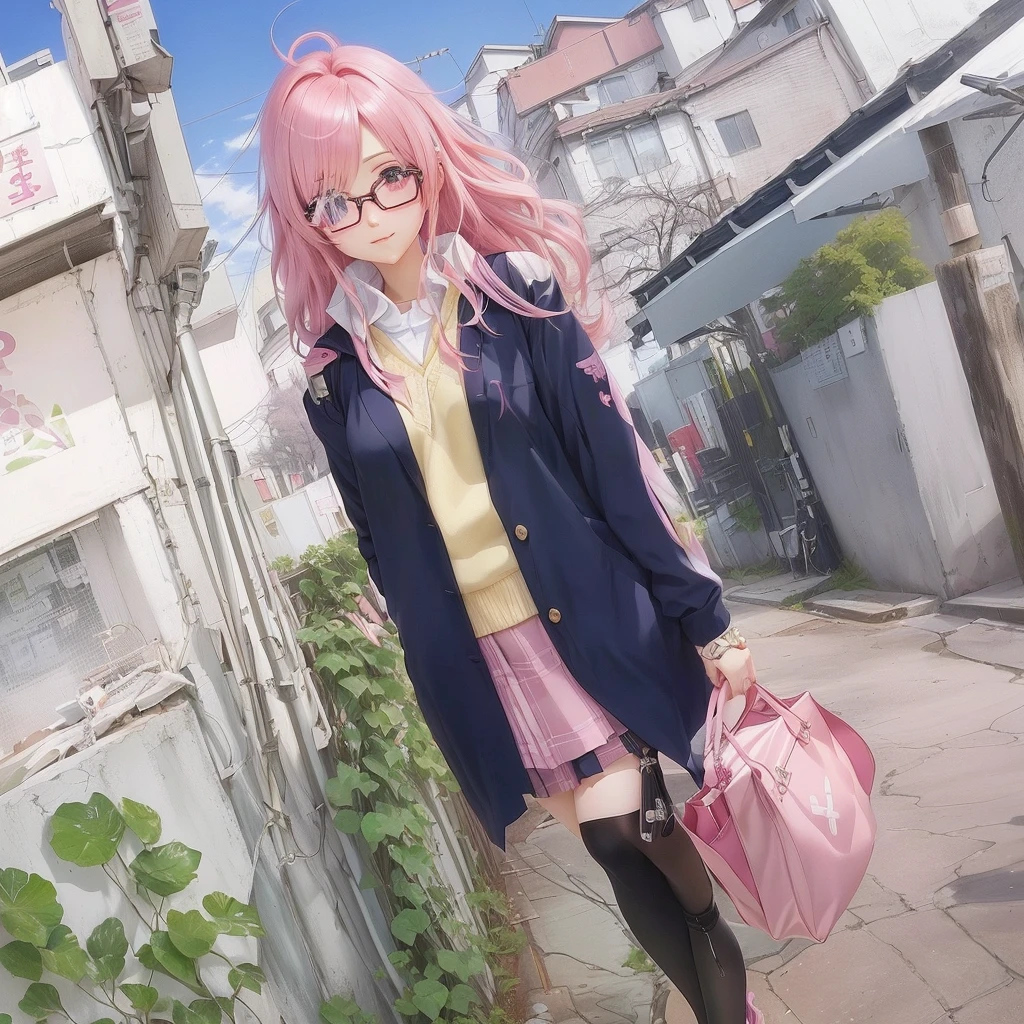 Pink hair and glasses、Anime girl holding a pink bag, Cute girl anime visuals, Smooth anime CG art, Visual Novel CG, Created by Anime Painter Studio, Beautiful anime school girl, Haruno sakura, Painted in an anime artist's studio, Anime Moe Art Style, Kyoto Animation Style, Official Art, Rorish, Best anime 4k konachan wallpaper