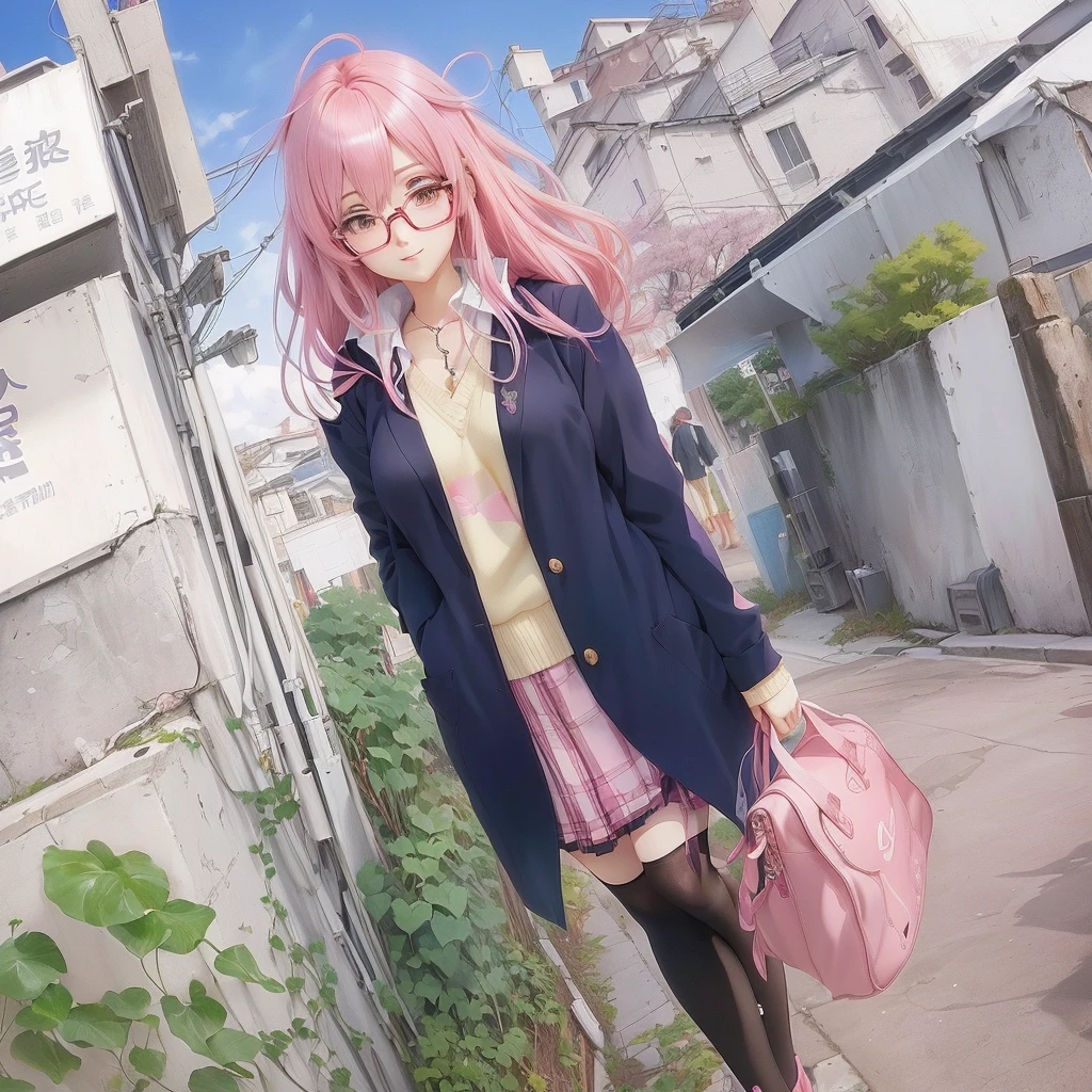 Pink hair and glasses、Anime girl holding a pink bag, Cute girl anime visuals, Smooth anime CG art, Visual Novel CG, Created by Anime Painter Studio, Beautiful anime school girl, Haruno sakura, Painted in an anime artist&#39;s studio, Anime Moe Art Style, Kyoto Animation Style, Official Art, Rorish, Best anime 4k konachan wallpaper