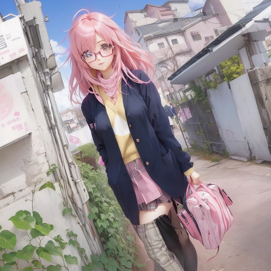 Pink hair and glasses、Anime girl holding a pink bag, Cute girl anime visuals, Smooth anime CG art, Visual Novel CG, Created by Anime Painter Studio, Beautiful anime school girl, Haruno sakura, Painted in an anime artist's studio, Anime Moe Art Style, Kyoto Animation Style, Official Art, Rorish, Best anime 4k konachan wallpaper